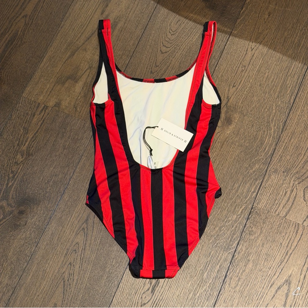 SOLID & STRIPED Red and Black Vertical Stripe One-Piece Swimsuit - Picture 2 of 3